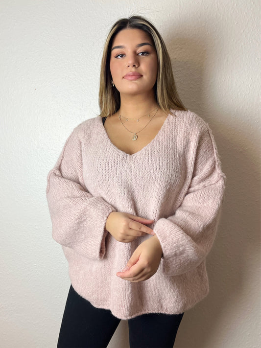 Kuschel Pullover V-Ausschnitt, Rosa