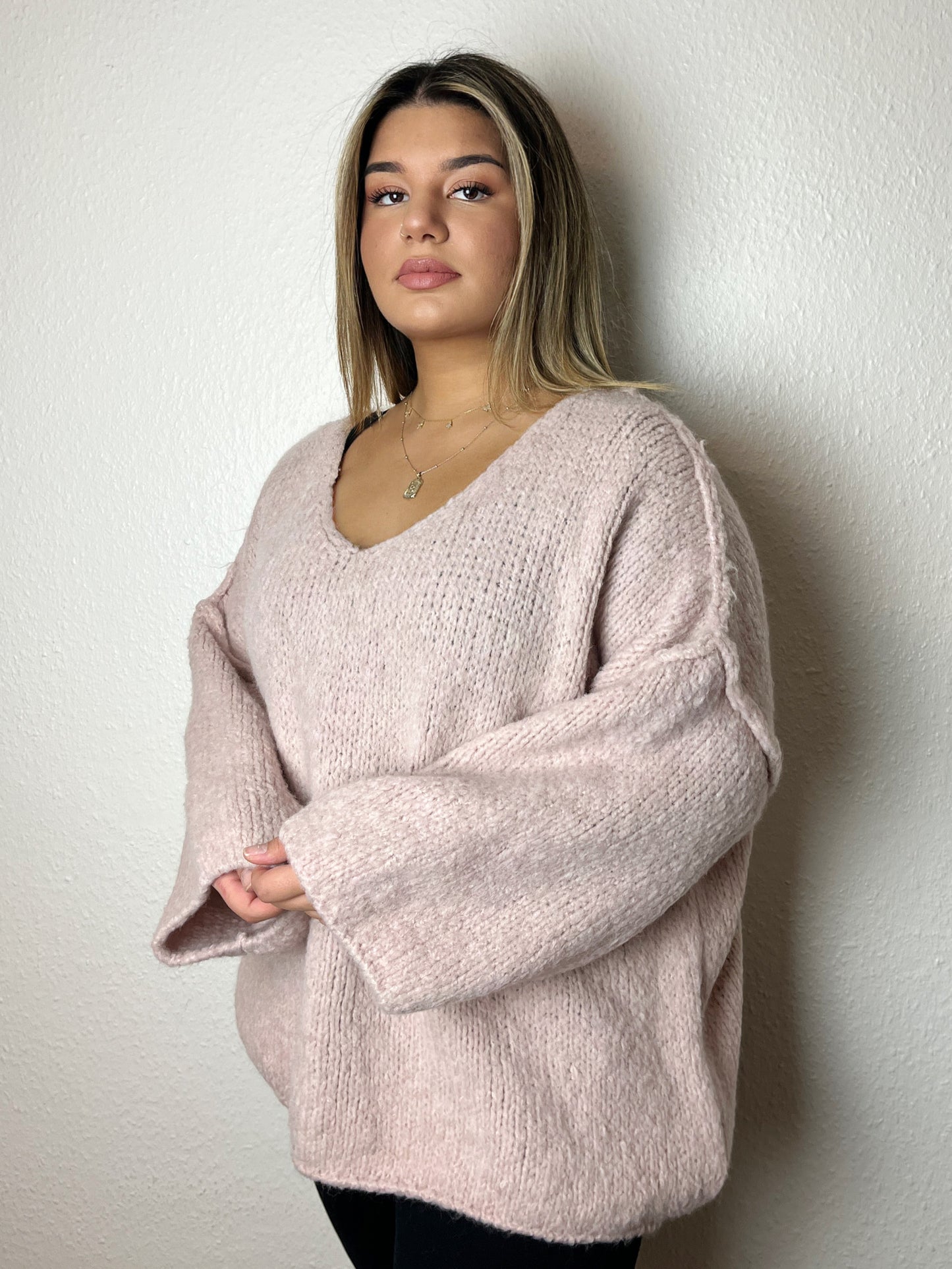 Kuschel Pullover V-Ausschnitt, Rosa