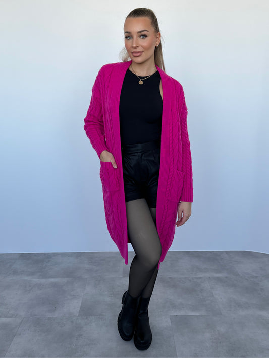 Lange Strickjacke mit Knöpfen, Pink