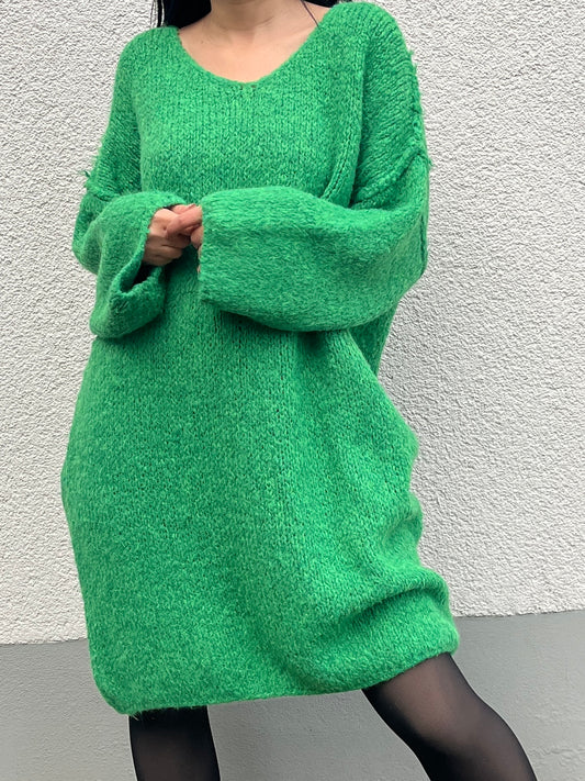 Kuscheliges Strickkleid mit V-Ausschnitt, grün