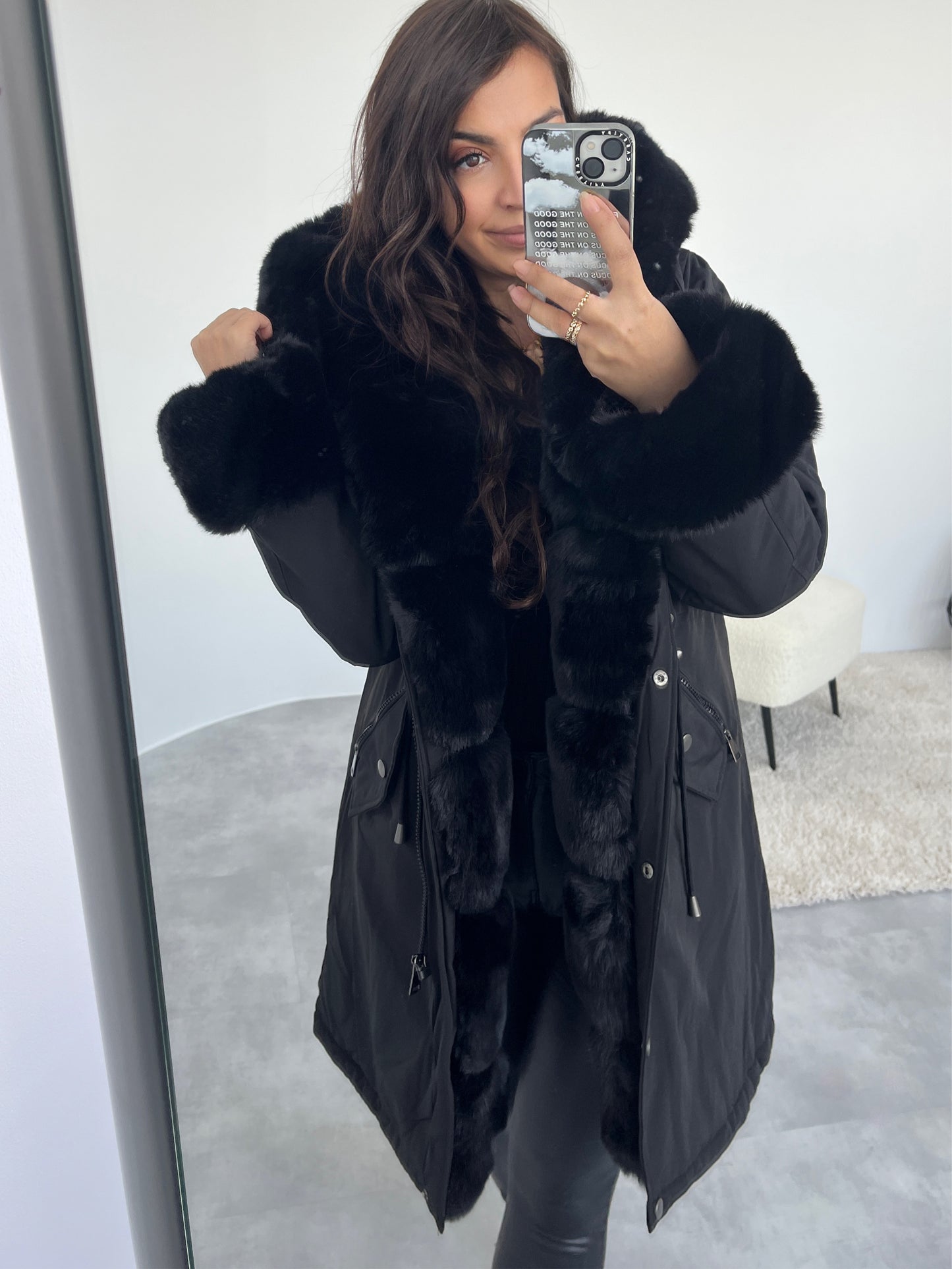 Kunstfell Parka Mantel, schwarz