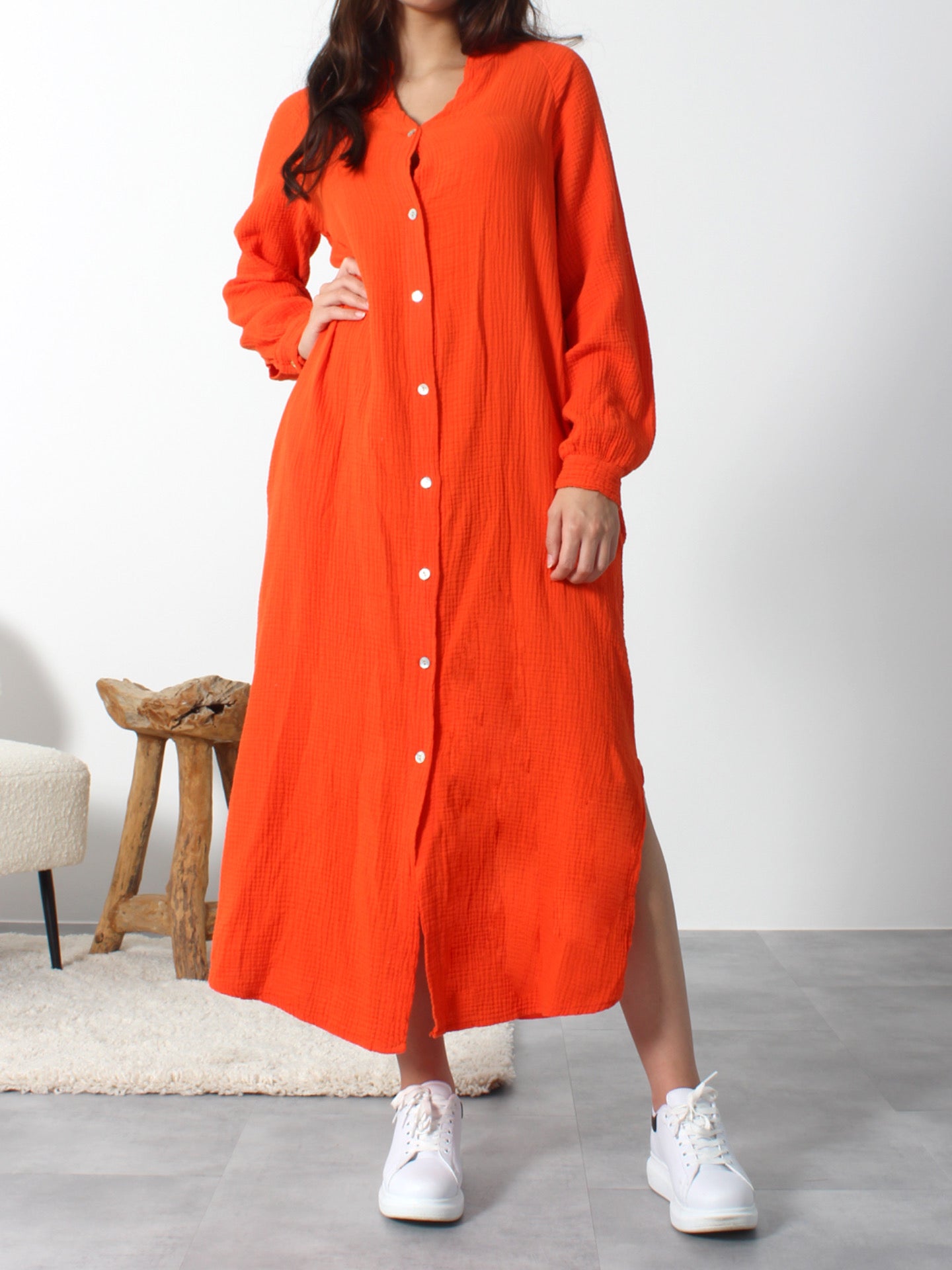 Langes Musselin Blusen Kleid "PAULA", Orange